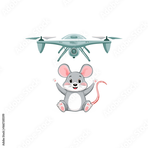 Cute Mouse flying a drone flat design