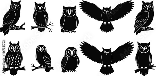 Silhouette owl collection, flying owl, perched owl on branch, nocturnal bird design, wildlife illustration, spooky night symbol, vector art