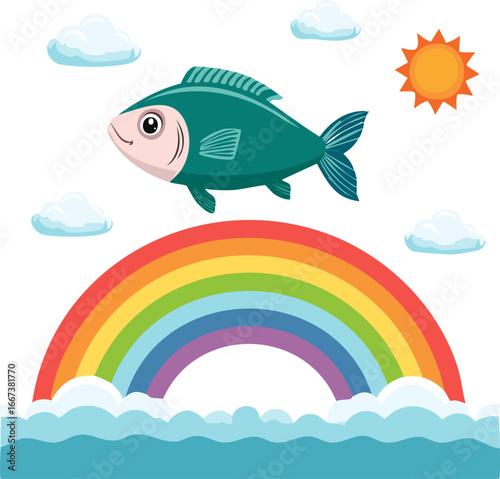 Cute Fish jumping over a rainbow flat design