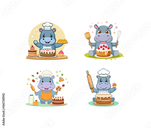 Cute Hippopotamus baking a cake