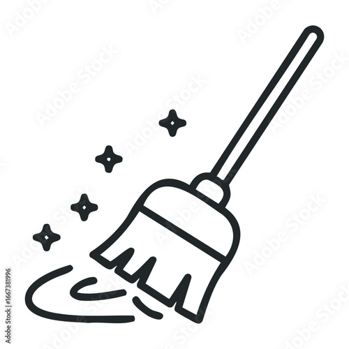 Cleaning action with a broom indoor home environment minimalist graphic design modern viewpoint sparkling concept. Vector outline illustration