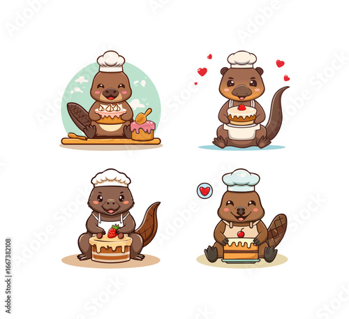 Cute Platypus baking a cake