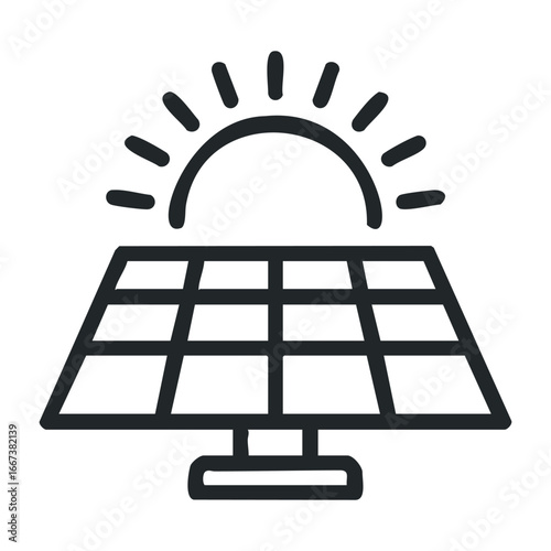 Solar panel installation event urban rooftop graphic design clean energy aerial view sustainable solutions. Vector outline illustration