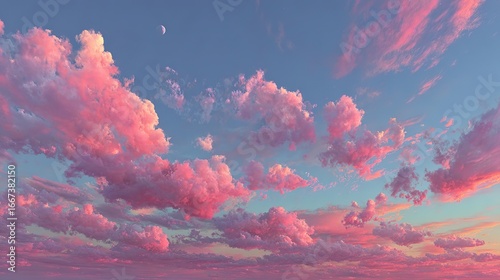 Pink clouds fill a blue sky at sunset or sunrise.