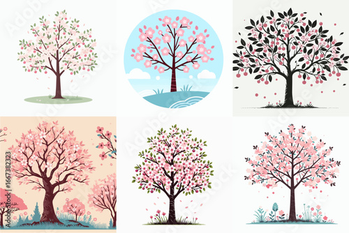 cherry tree set vector illustration
