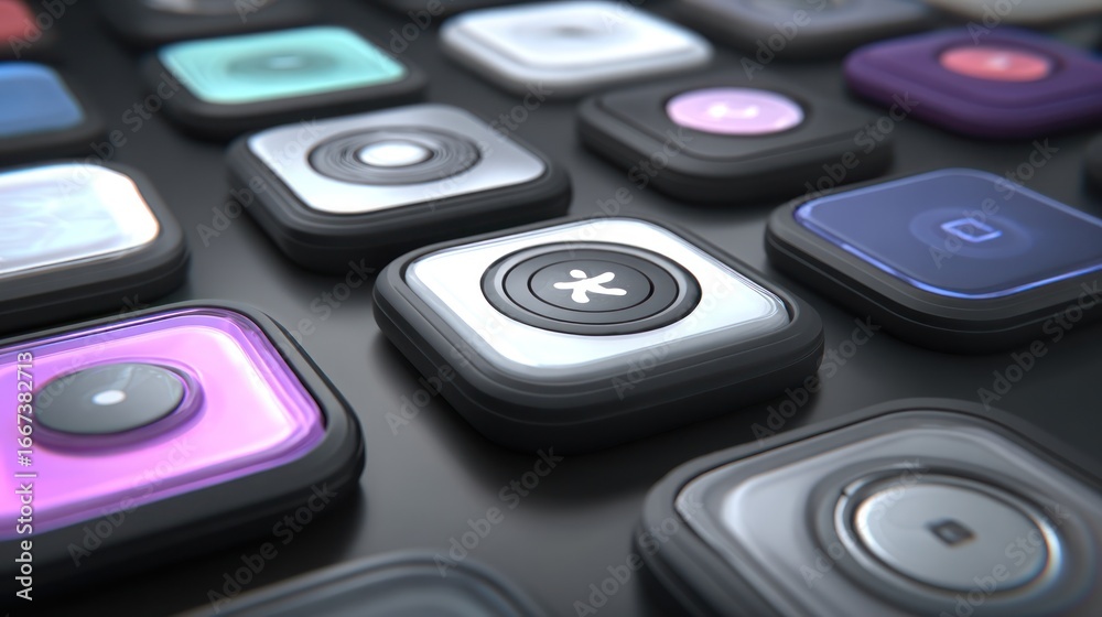 Fototapeta premium Close-up view of many square, colorful buttons or controls. Each button has a slightly raised, 3D effect. Various colors and shapes, primarily square, 