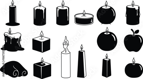 Candle icons collection, burning candle silhouettes, decorative wax candles, round and square shapes, candlelight symbols, flame illustration, vector candle design