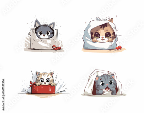 playful cat sneaking into a Christmas gift bag