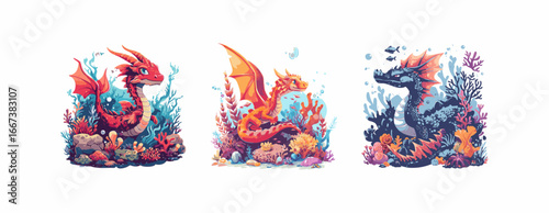 dragon swimming amidst coral reefs underwater