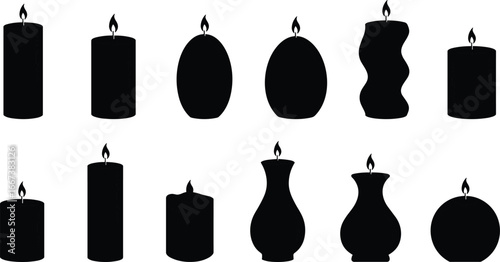 Candle silhouettes vector, burning wax candle shapes, decorative candle icons, flame design, black candle illustration, abstract candle set, home decor