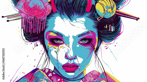 headshot of a geisha with a twist of neo pop