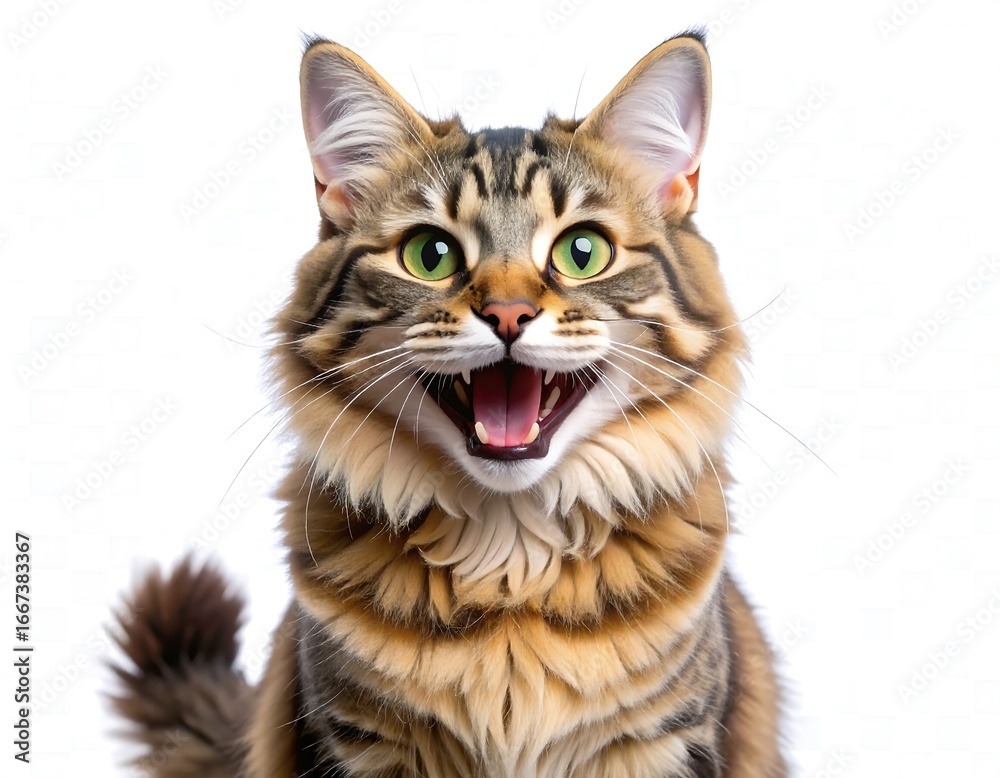 Obraz premium Happy Tabby Cat With Mouth Open And Wide Eyes Looking Directly At Camera.