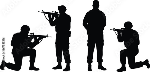 Army soldier silhouette, military troops, armed forces, combat training, tactical operation, rifle weapon, war concept, defense security, military vector art