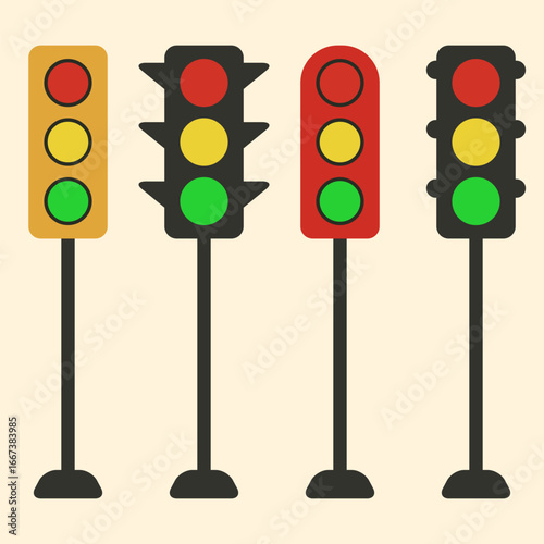 Colorful vector traffic signal poles set with circular lights in vertical sequence, cartoon style road safety icon graphic