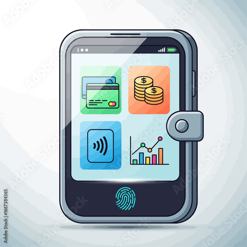 Advanced financial technology concept showing a smart digital wallet with secure biometric authentication and payment app icons