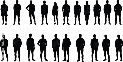 Group of people silhouettes, standing men and women outline, human figure vector, full body shadow, fashion style concept, black silhouette design