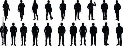 Silhouettes of men and women, standing figures, walking poses, people outline vector, human shape design, black shadow illustration, full body silhouettes