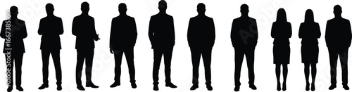 Business people silhouettes, men and women in suits, corporate group vector, professional team outline, standing figures illustration, office staff shadow design