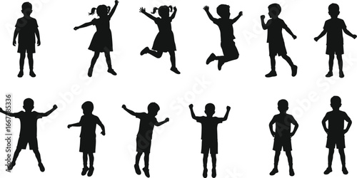 Kids silhouettes, children playing, jumping, running, happy childhood outline, active boys and girls, fun vector, young people shadow illustration, lifestyle design