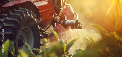 Close-up of farming sprayer nozzle applying pesticide over crop field