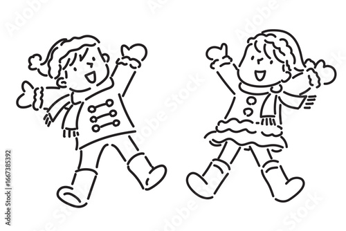 冬に飛び跳ねる元気な子どもたちの白黒イラスト