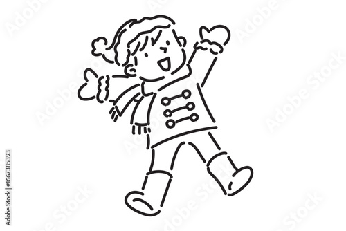 冬に飛び跳ねるマフラーをした元気な男の子の白黒イラスト