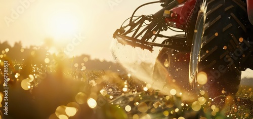 Close-up of farming sprayer nozzle applying pesticide over crop field