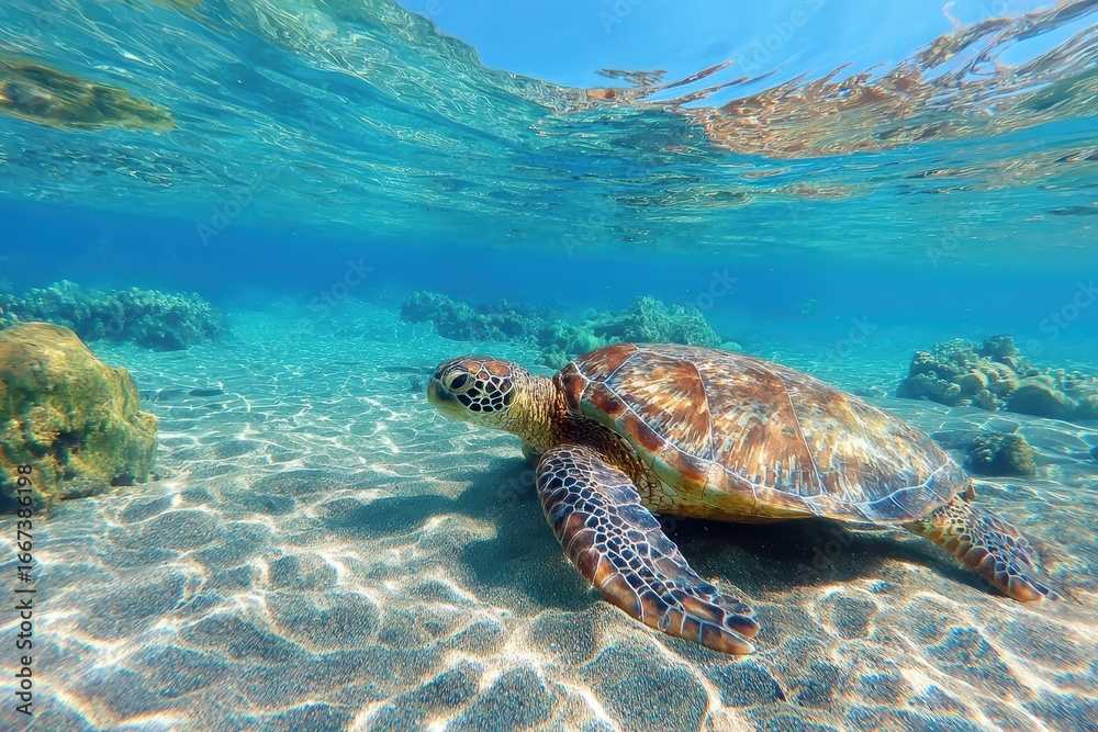 Obraz premium Graceful Sea Turtle Swimming Underwater in Crystal Clear Ocean with Sunlight Filtering Through Waves, Surrounded by Coral Reefs and Vibrant Marine Life
