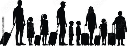Family traveling silhouettes with luggage, parents children grandparents, airport journey, tourism, holiday trip, group vacation, suitcase travelers, unity, togetherness