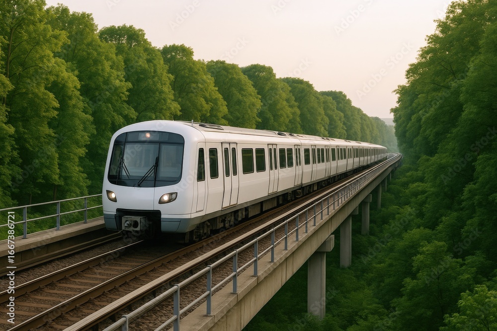Fototapeta premium Modern Commuter Train on Elevated Track Surrounded by Lush Greenery, Transportation Infrastructure