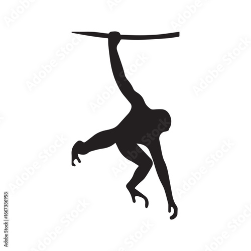 Hanging monkey silhouette vector icon. Jungle animal graphic symbol, ape or chimpanzee swinging from a vine, isolated on white background.
