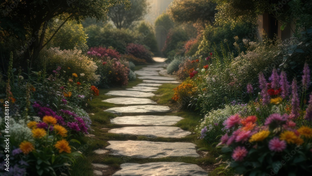 Garden path through vibrant flowers Garden path through vibrant flowers