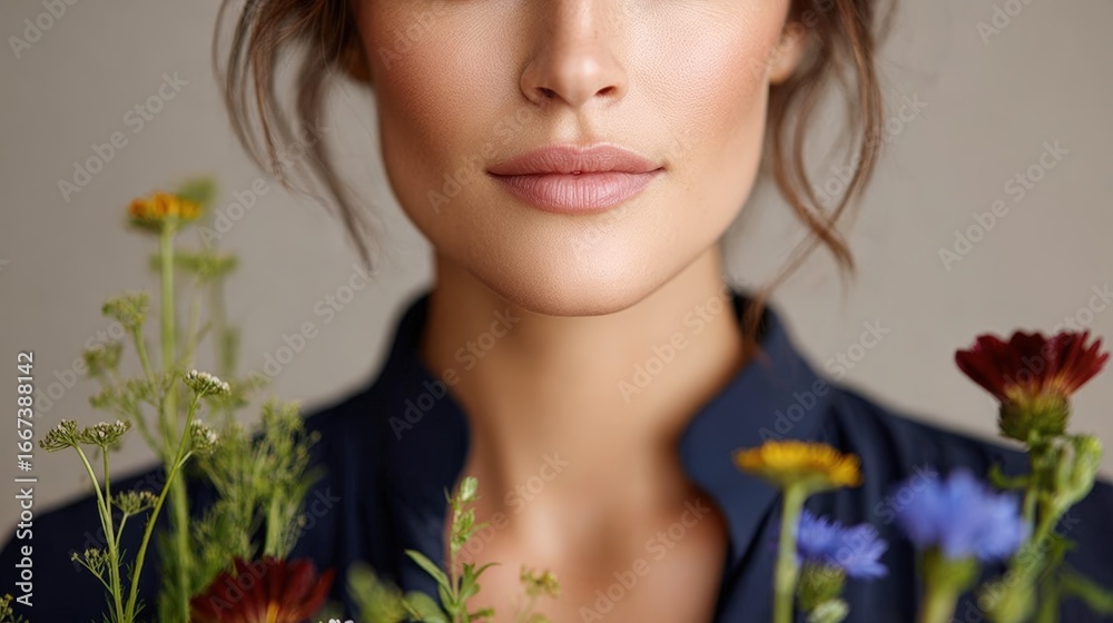 Naklejka premium Beautiful Woman Surrounded by Fresh Wildflowers in Natural Light