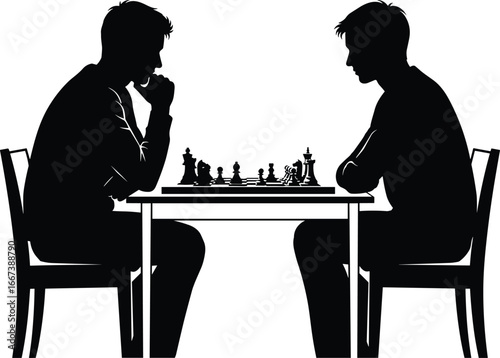 Silhouette of two men playing chess at table, intense competition, strategy, concentration, board game, thinking, opponents, indoor activity, black background