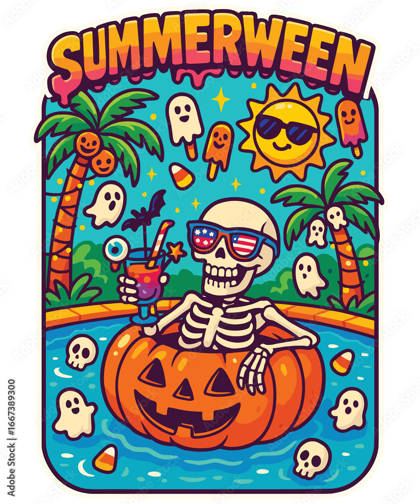 Obraz premium Summerween Skeleton Pool Party PNG | Funny Halloween Beach Design with Skeleton in Pumpkin Float, Tropical Palm Trees, Cute Ghosts, Spooky Candy, and Summer Holiday Vibes for Stickers, Shirts, Crafts