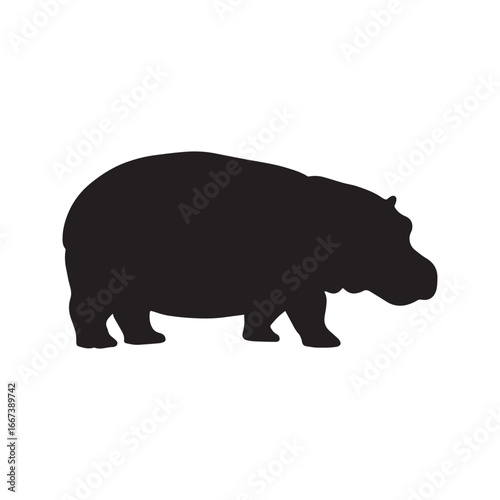 Hippopotamus silhouette vector icon. Standing African hippo graphic symbol, isolated on white background. Wildlife animal logo design element.
