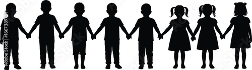 Silhouette of children holding hands, group of boys and girls, kids unity, friendship, teamwork, childhood, diversity, black vector illustration