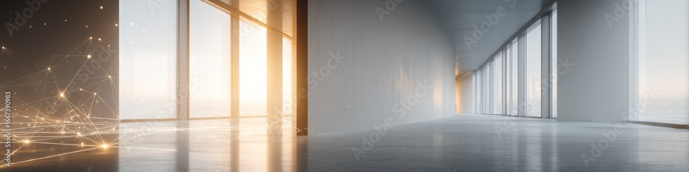 Obraz premium Contemporary Architecture Interior with Large Windows and Polished Floors Featuring Abstract Digital Pattern