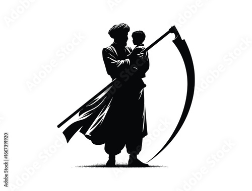 Farmer Walking with Child Silhouette Vector Agriculture Illustration