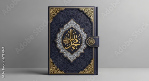 Exquisite Quranic Book, Ornate Design, Dark Blue Cover, Gold Accents