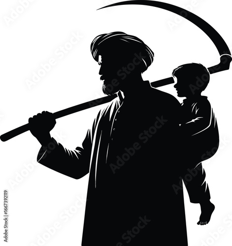 Farmer Carrying Sickle with Child Silhouette Vector Illustration
