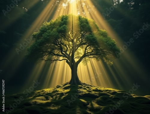 Majestic tree bathed in golden sunlight rays in a forest