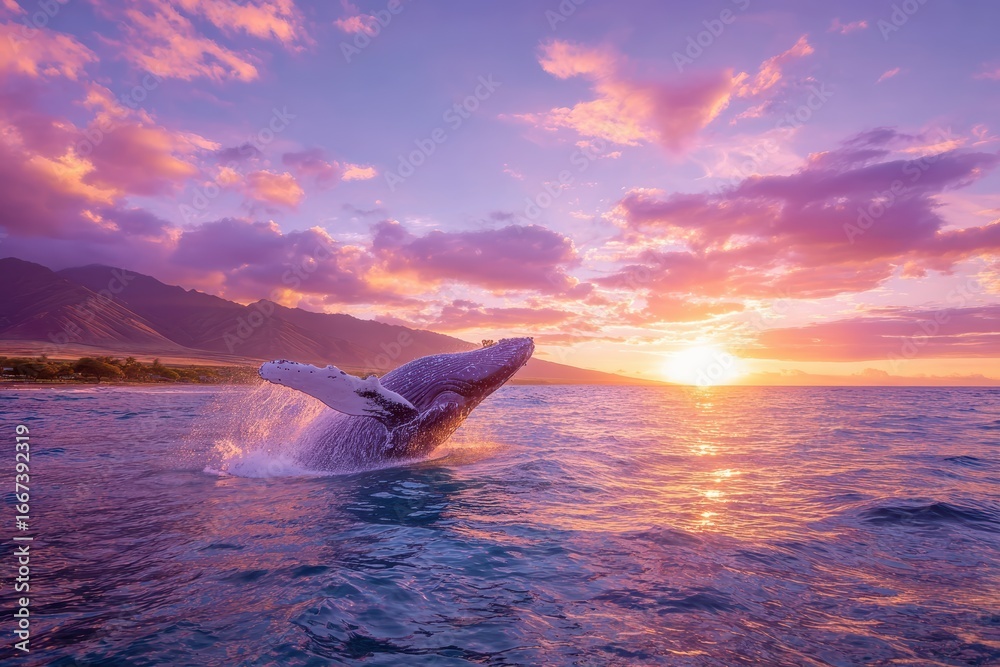 Fototapeta premium Majestic Humpback Whale Breaching Against a Vibrant Sunset Over Tranquil Ocean Waters and Silhouette of Mountains in the Background
