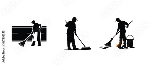 Man Sweeping Floor Silhouette Vector Cleaning Worker Illustration