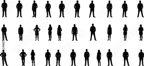 Silhouettes of men and women standing, isolated human figures, black vector people shapes, group of persons, casual posture illustration