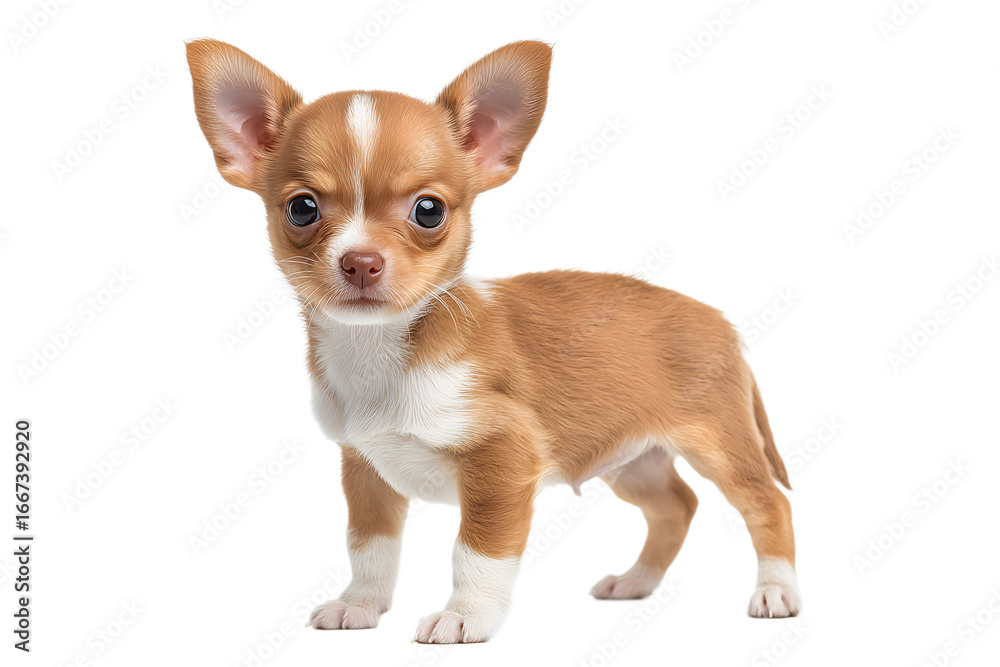 Obraz premium Cute brown and white Chihuahua puppy standing isolated on white background for pet, animal, and small dog breed concept