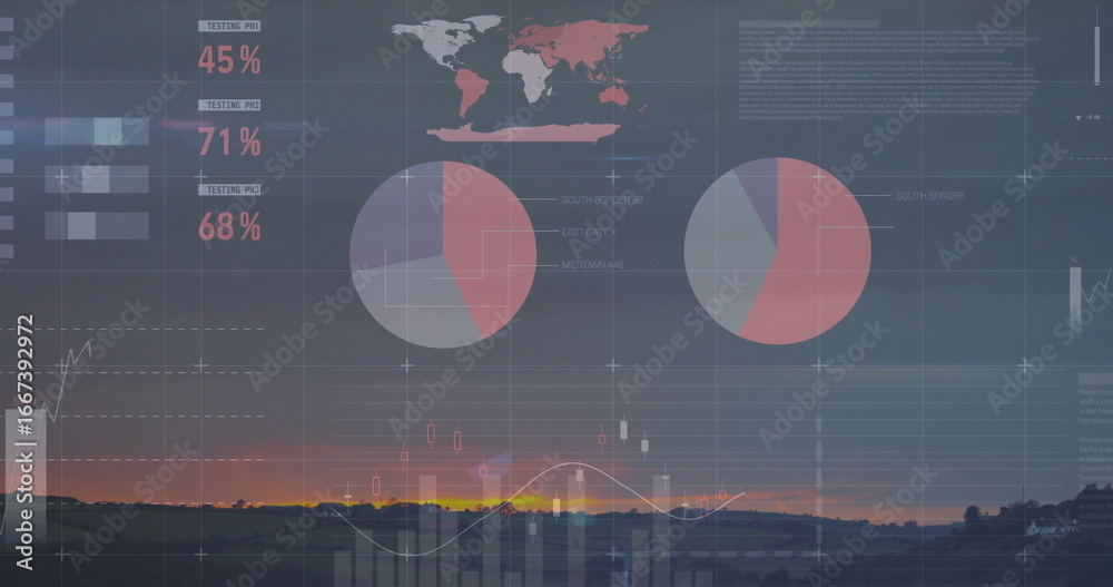 Obraz premium Overlaying world map and chart elements over rural fields at sunset with 45%,71%,68% labels