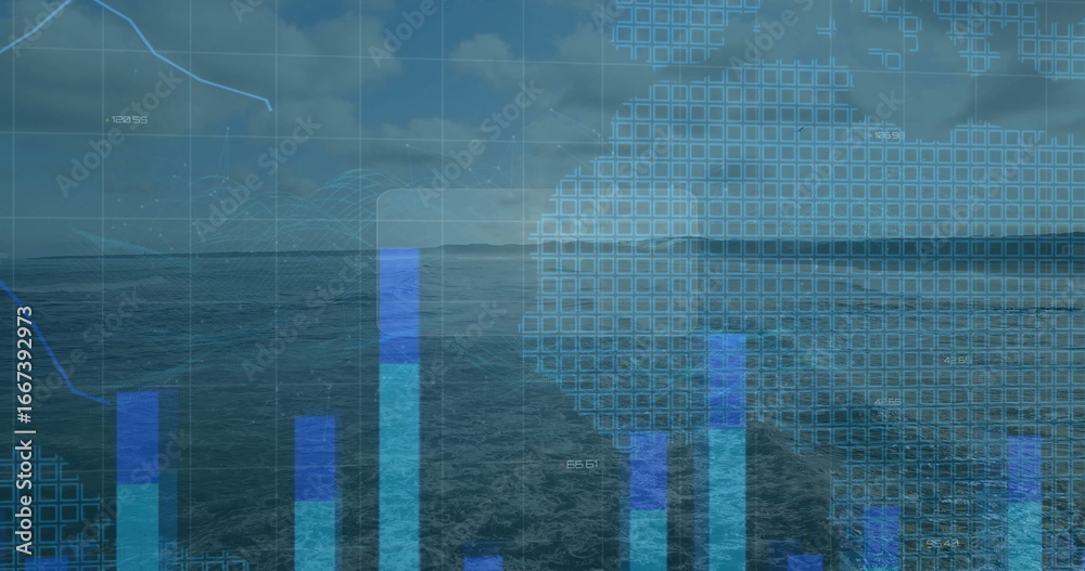Obraz premium Displaying ocean stretching toward horizon in open sea, with translucent bar charts and line graphs