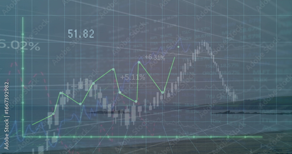 Obraz premium Floating chart showing candlestick bars and line graph above sea with grid plane, percentage labels