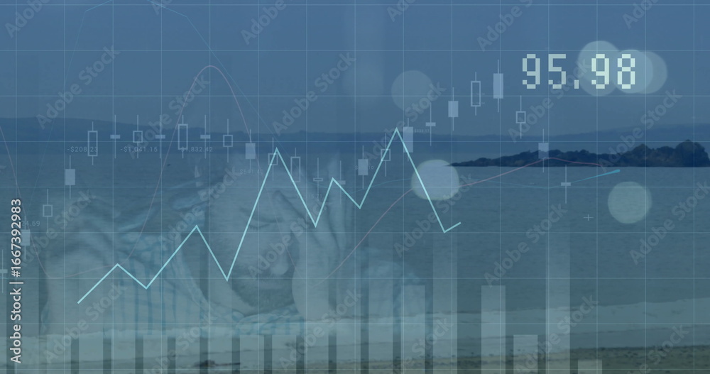 Fototapeta premium Showing chart overlay over beach, featuring candlestick bars line graph histogram displaying 95